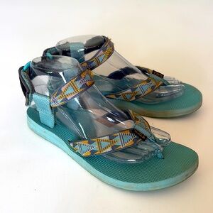 Teva Original Sandal in Light Blue and Yellow Emroidery Hook Loop Close Size 8